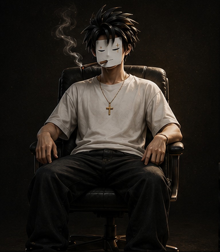 Hypr seated facing forward, masked, with a cigarette